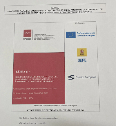 Cartel de la subvenci�n para el programa para el fomento de la contrataci�n en el �mbito de la Comunidad de Madrid